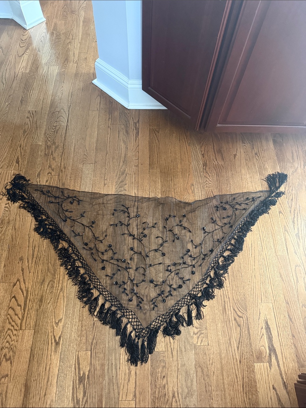 Anthropologie Black Sheer Embroidered Triangle Shawl with Fringe